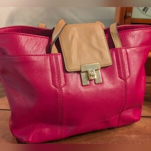 Tommy Hilfiger Pink & Tan Tote Bag – Gold Hardware Everyday Shoulder Purse